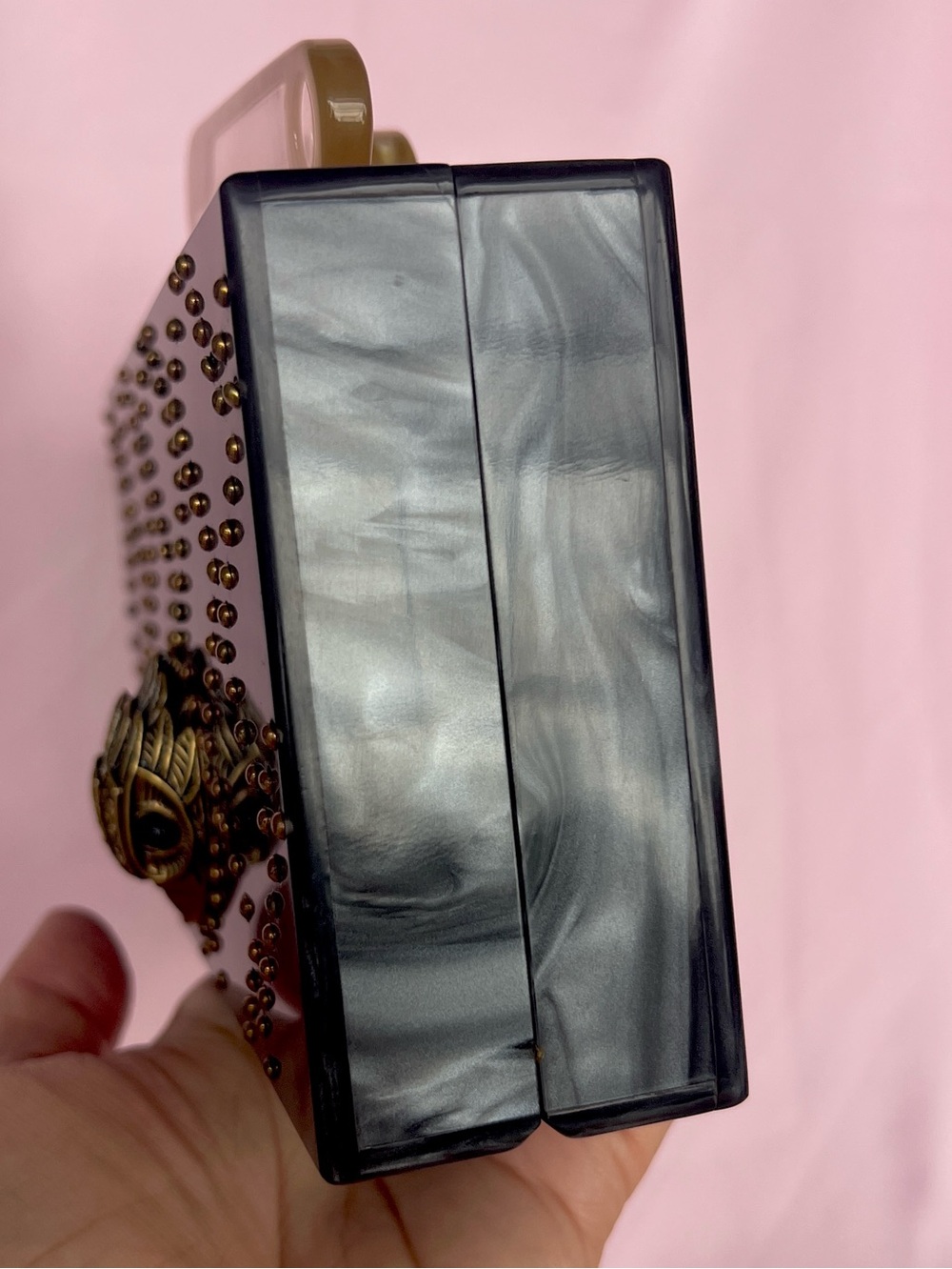 Kurt Geiger Kensington safety pin box clutch on chain gray mother of pearl NWT - Picture 5 of 16